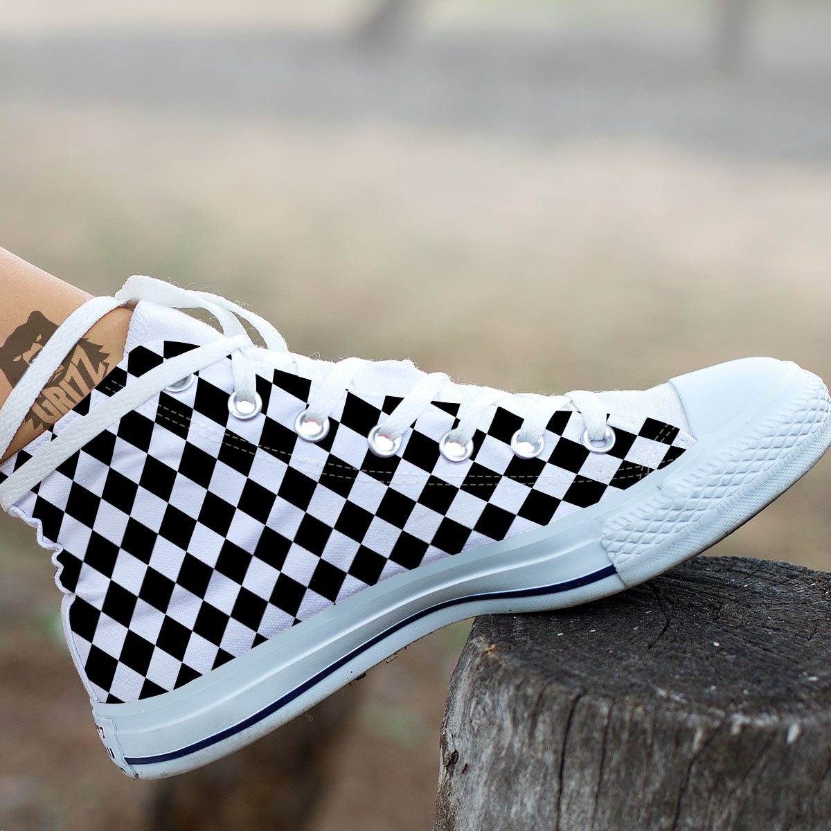 Harlequin White And Black Print Pattern White High Top Shoes-grizzshop