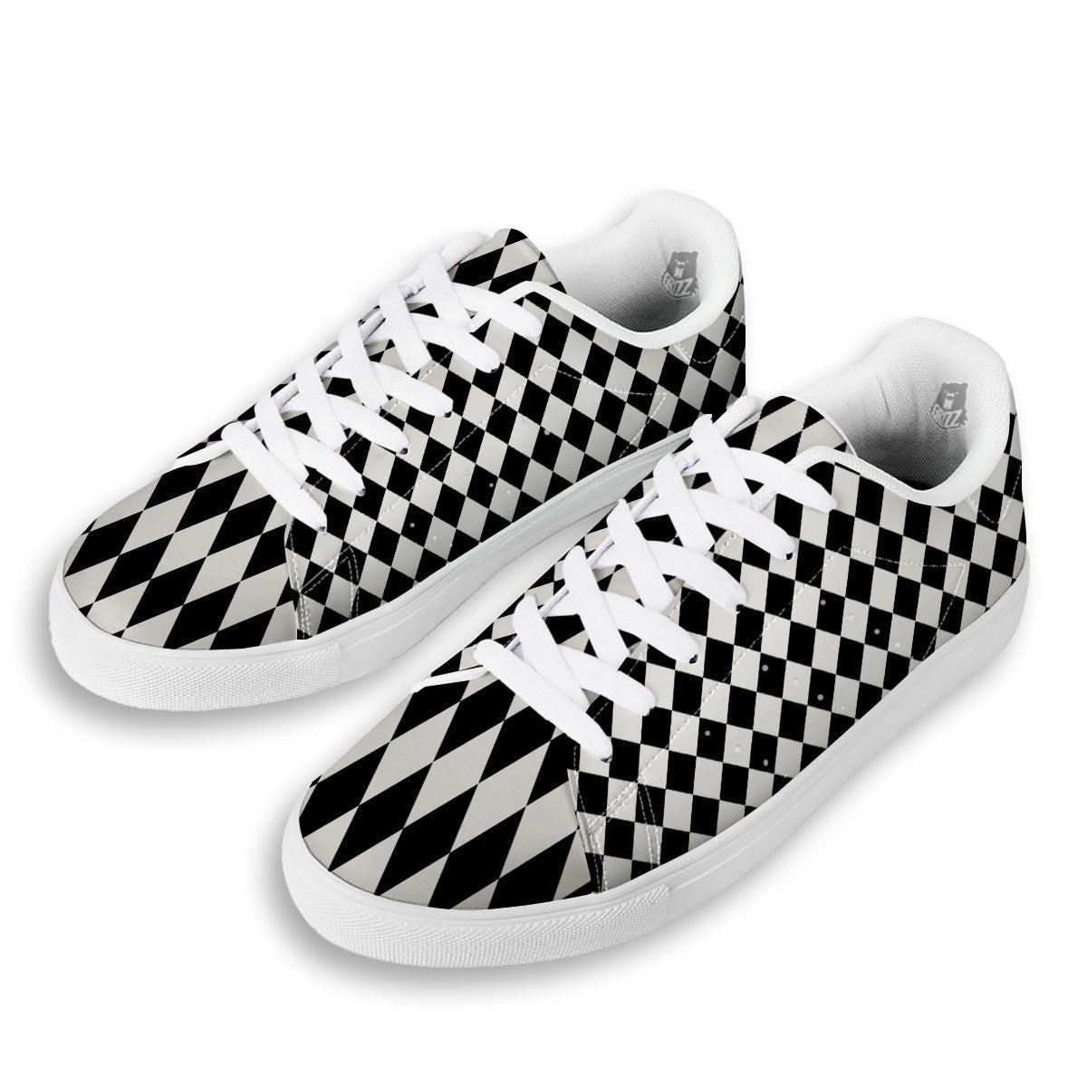 Harlequin White And Black Print Pattern White Low Top Sneakers-grizzshop