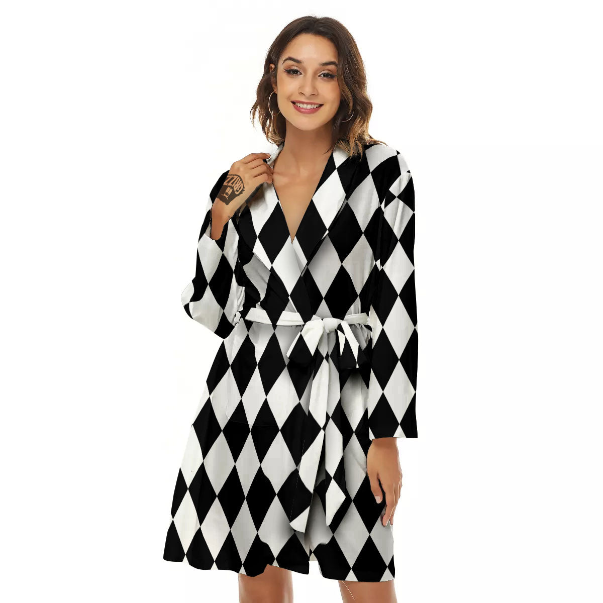 Harlequin White And Black Print Pattern Women's Robe-grizzshop