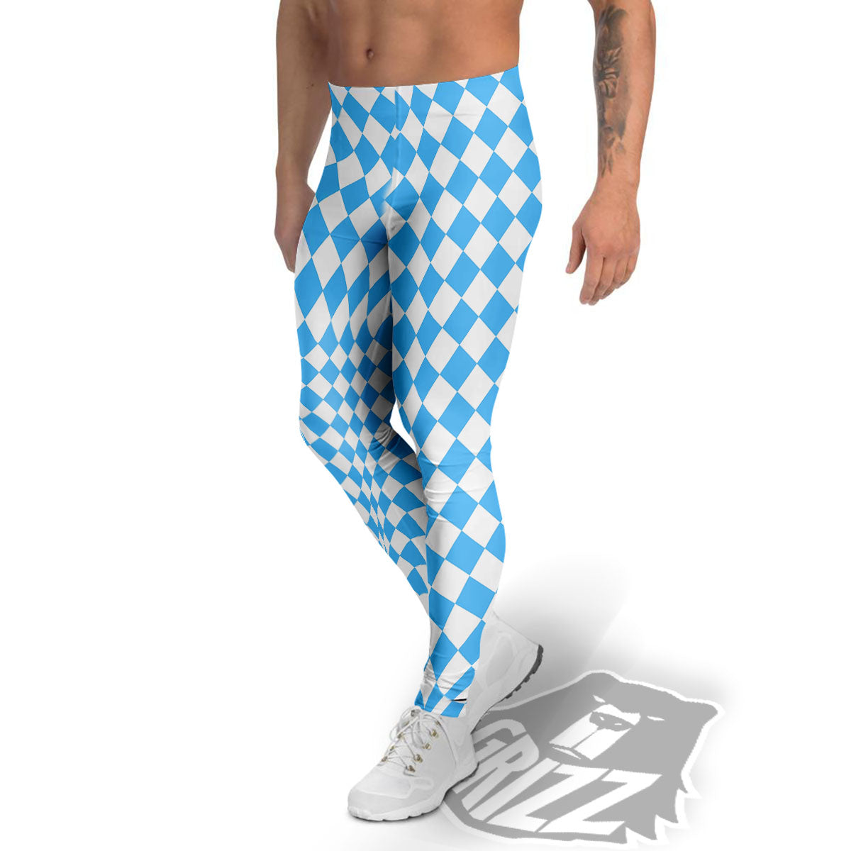 Harlequin White And Blue Print Pattern Men's Leggings-grizzshop