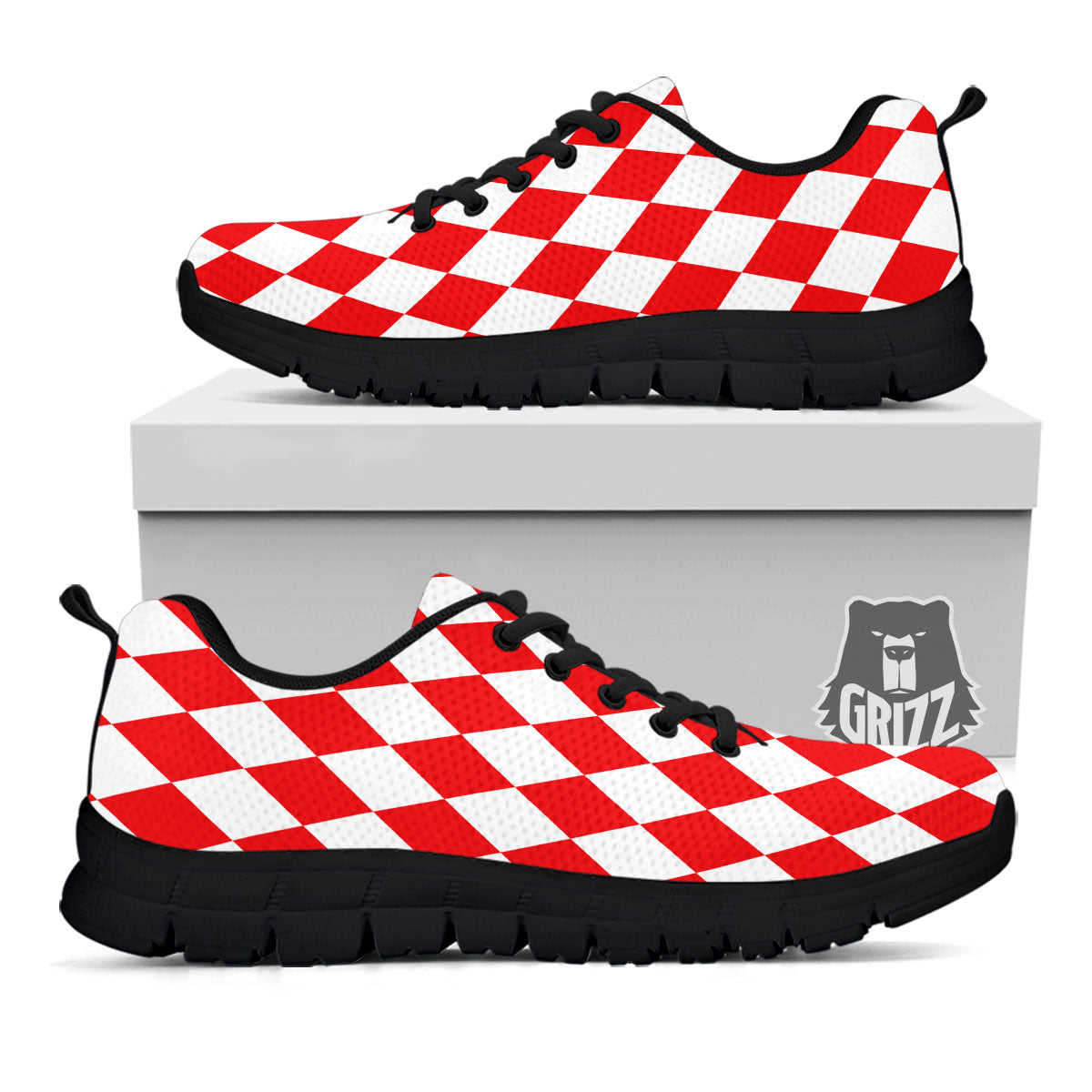 Harlequin White And Red Print Pattern Black Sneaker-grizzshop