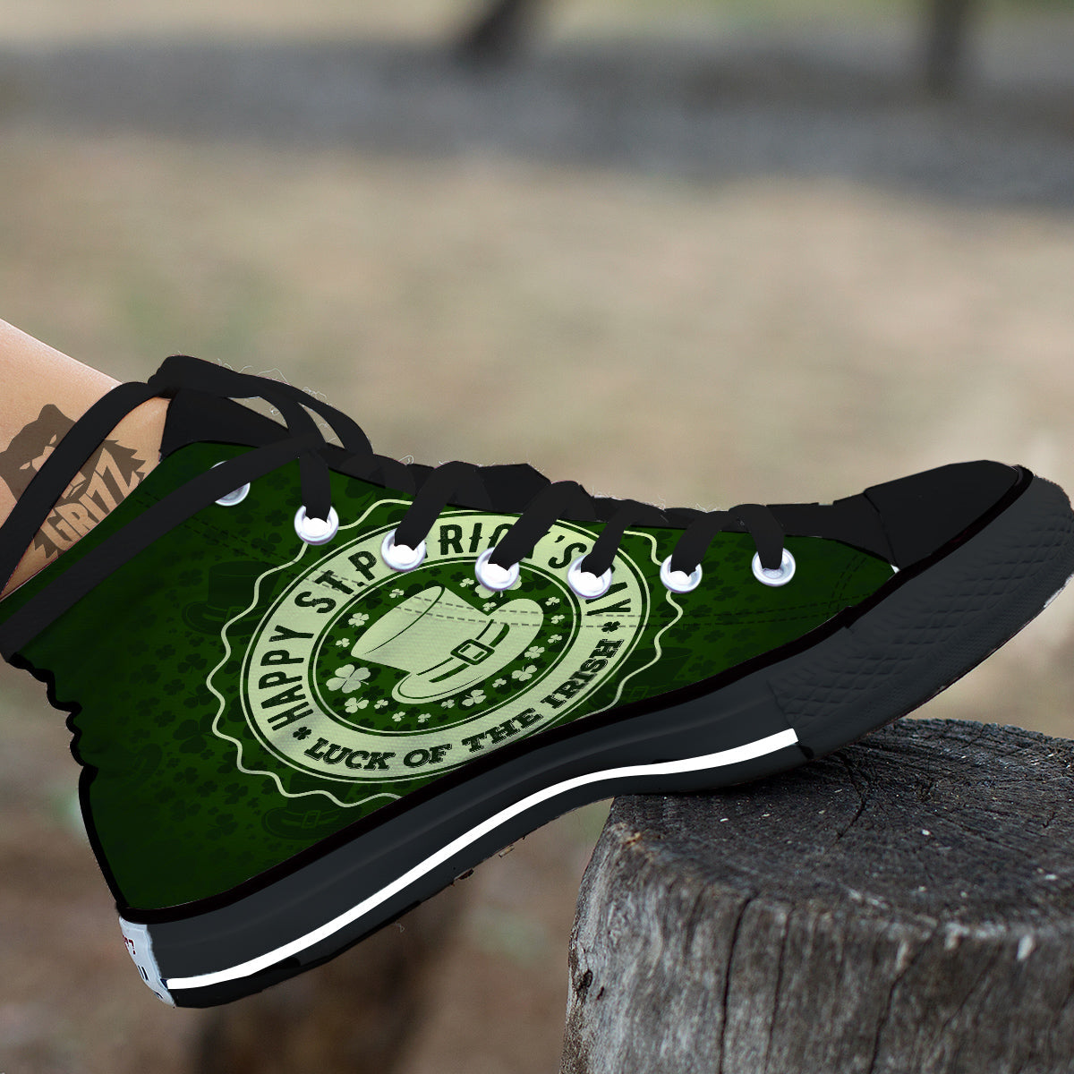 Hat And St. Patrick's Day Clover Print Black High Top Shoes-grizzshop