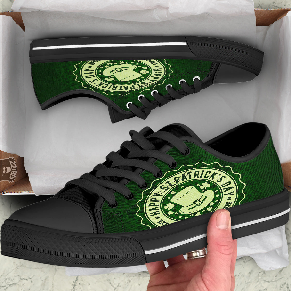 Hat And St. Patrick's Day Clover Print Black Low Top Shoes-grizzshop