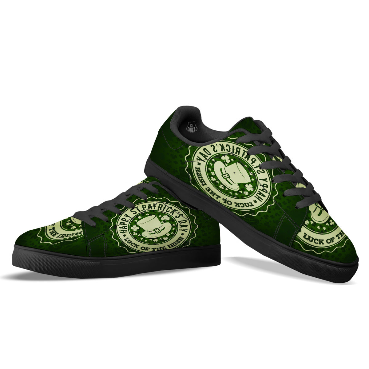 Hat And St. Patrick's Day Clover Print Black Low Top Sneakers-grizzshop