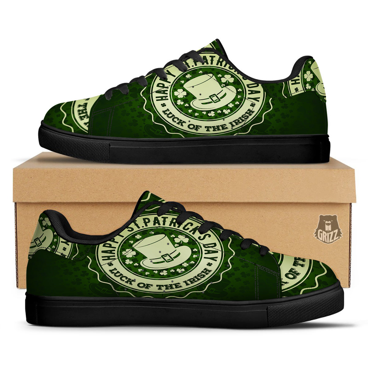 Hat And St. Patrick's Day Clover Print Black Low Top Sneakers-grizzshop