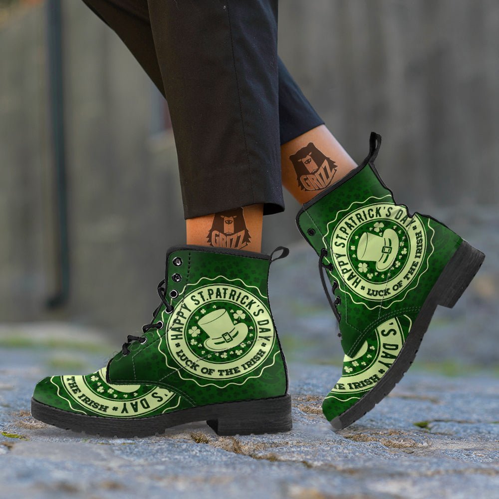 Hat And St. Patrick's Day Clover Print Leather Boots-grizzshop