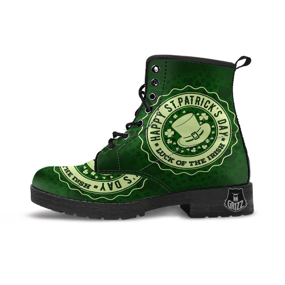 Hat And St. Patrick's Day Clover Print Leather Boots-grizzshop