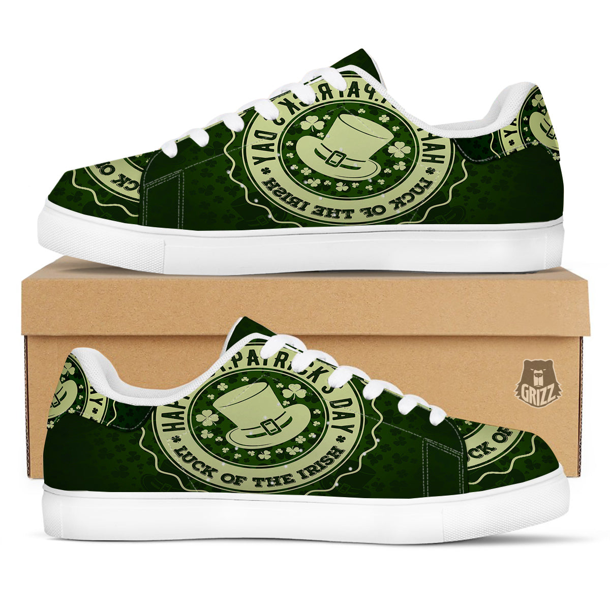 Hat And St. Patrick's Day Clover Print White Low Top Sneakers-grizzshop