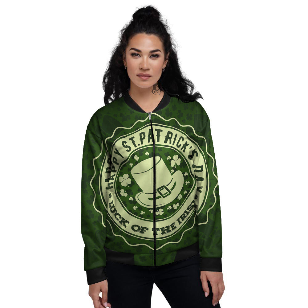 Hat And St. Patrick's Day Clover Print Women's Bomber Jacket-grizzshop