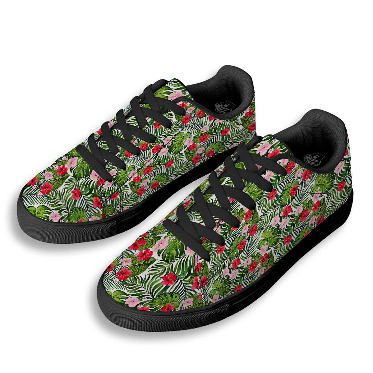 Hawaii Hibiscus Monstera Print Pattern Black Low Top Sneakers-grizzshop