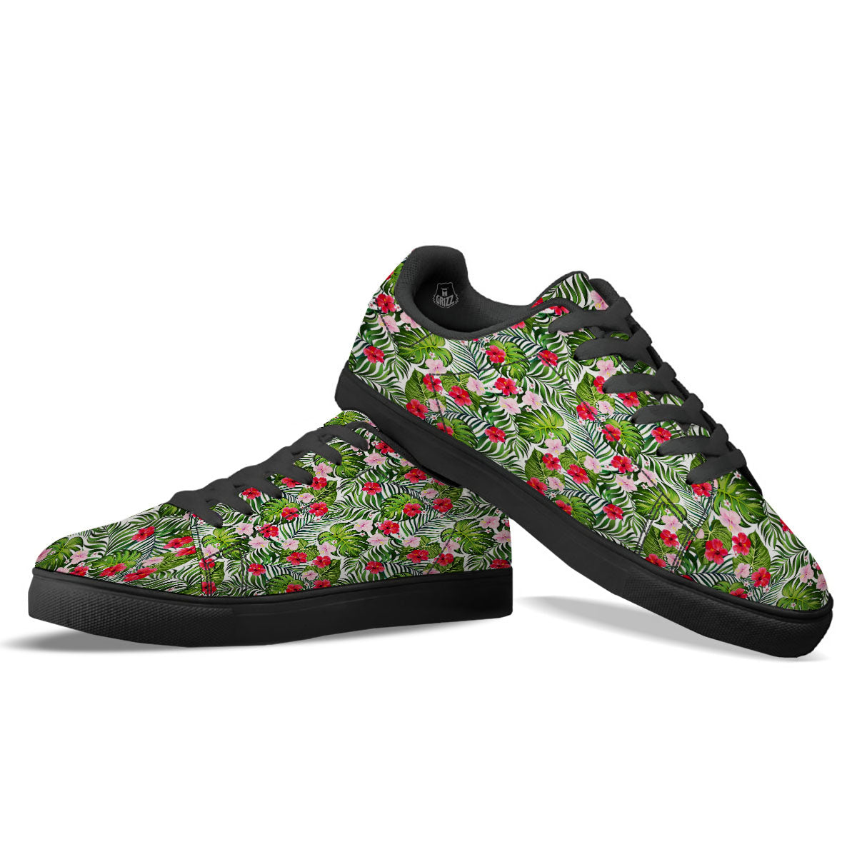 Hawaii Hibiscus Monstera Print Pattern Black Low Top Sneakers-grizzshop