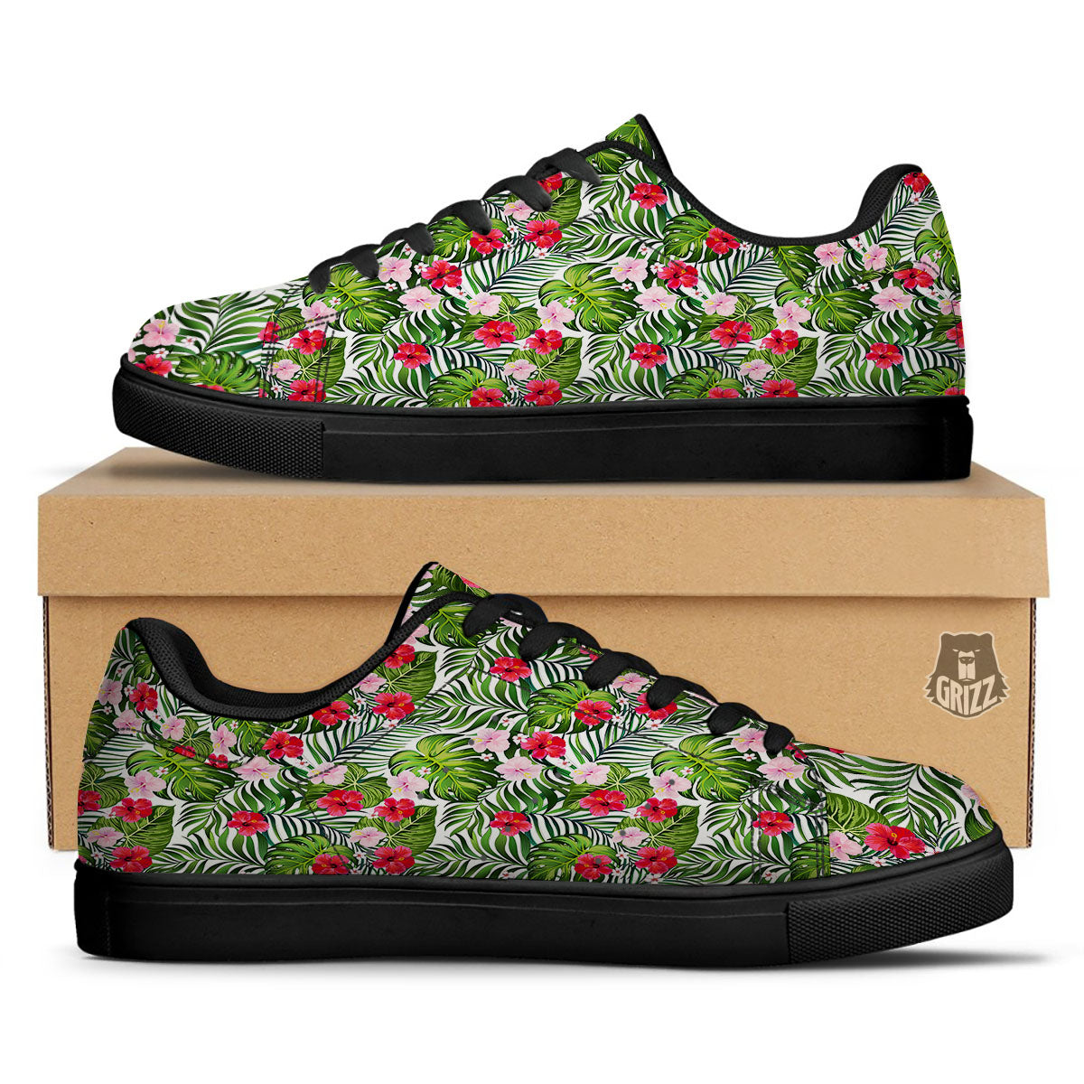 Hawaii Hibiscus Monstera Print Pattern Black Low Top Sneakers-grizzshop