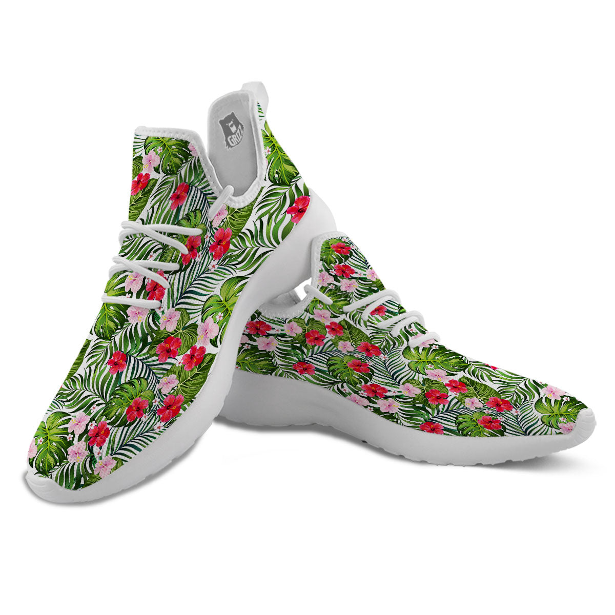 Hawaii Hibiscus Monstera Print Pattern White Athletic Shoes-grizzshop