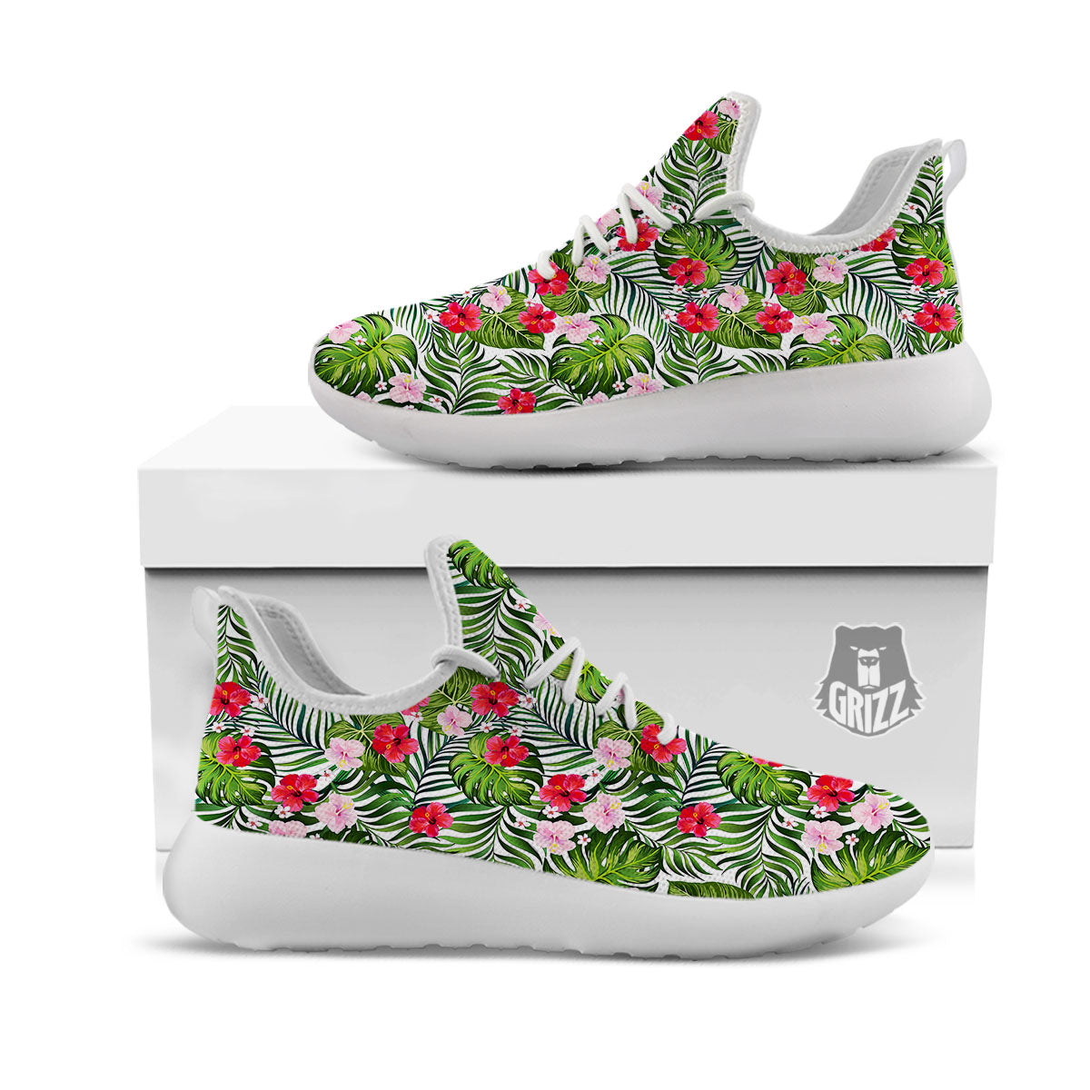 Hawaii Hibiscus Monstera Print Pattern White Athletic Shoes-grizzshop