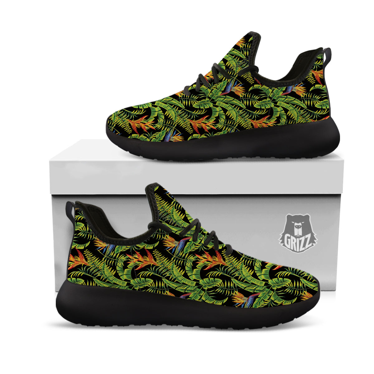 Hawaiian Banana Leaf Print Pattern Black Athletic Shoes-grizzshop
