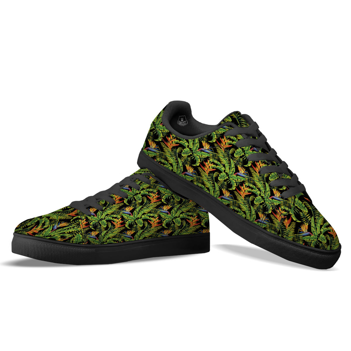 Hawaiian Banana Leaf Print Pattern Black Low Top Sneakers-grizzshop
