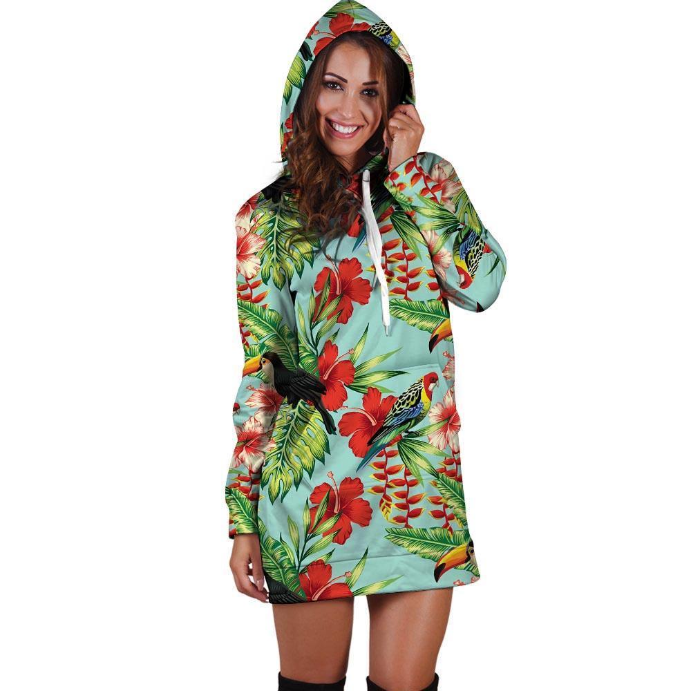 Hawaiian Bird Floral Print Hoodie Dress-grizzshop