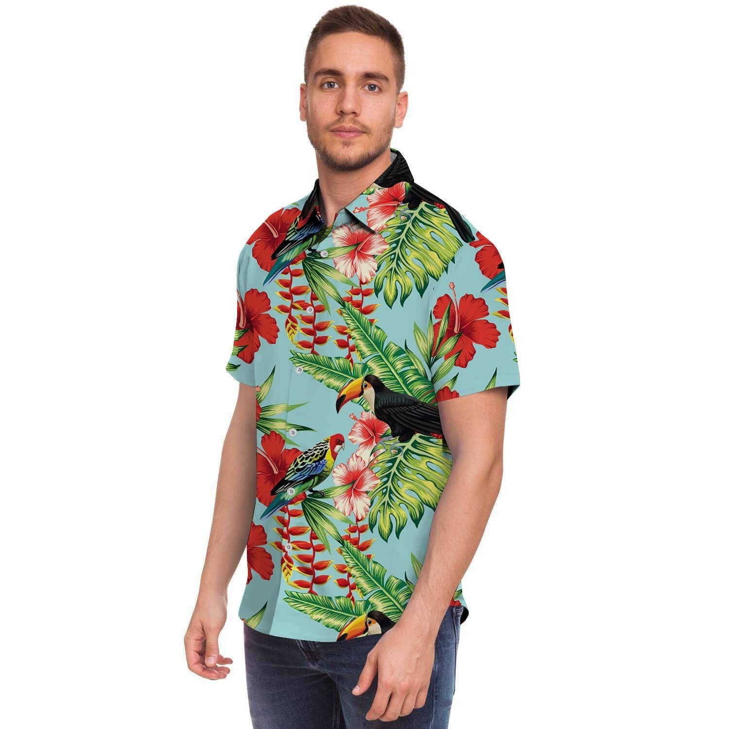 Hawaiian Bird Floral Print Men's Short Sleeve Shirt-grizzshop