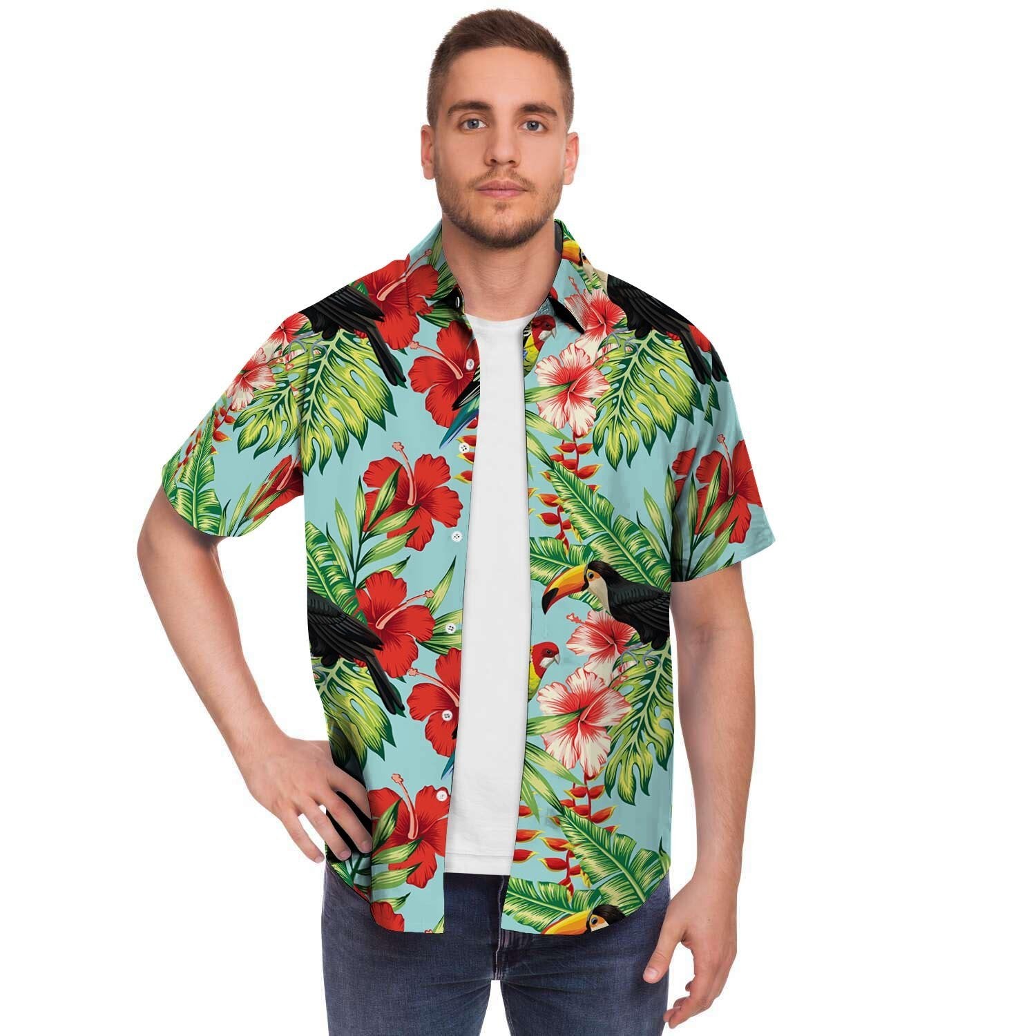 Hawaiian Bird Floral Print Men's Short Sleeve Shirt-grizzshop