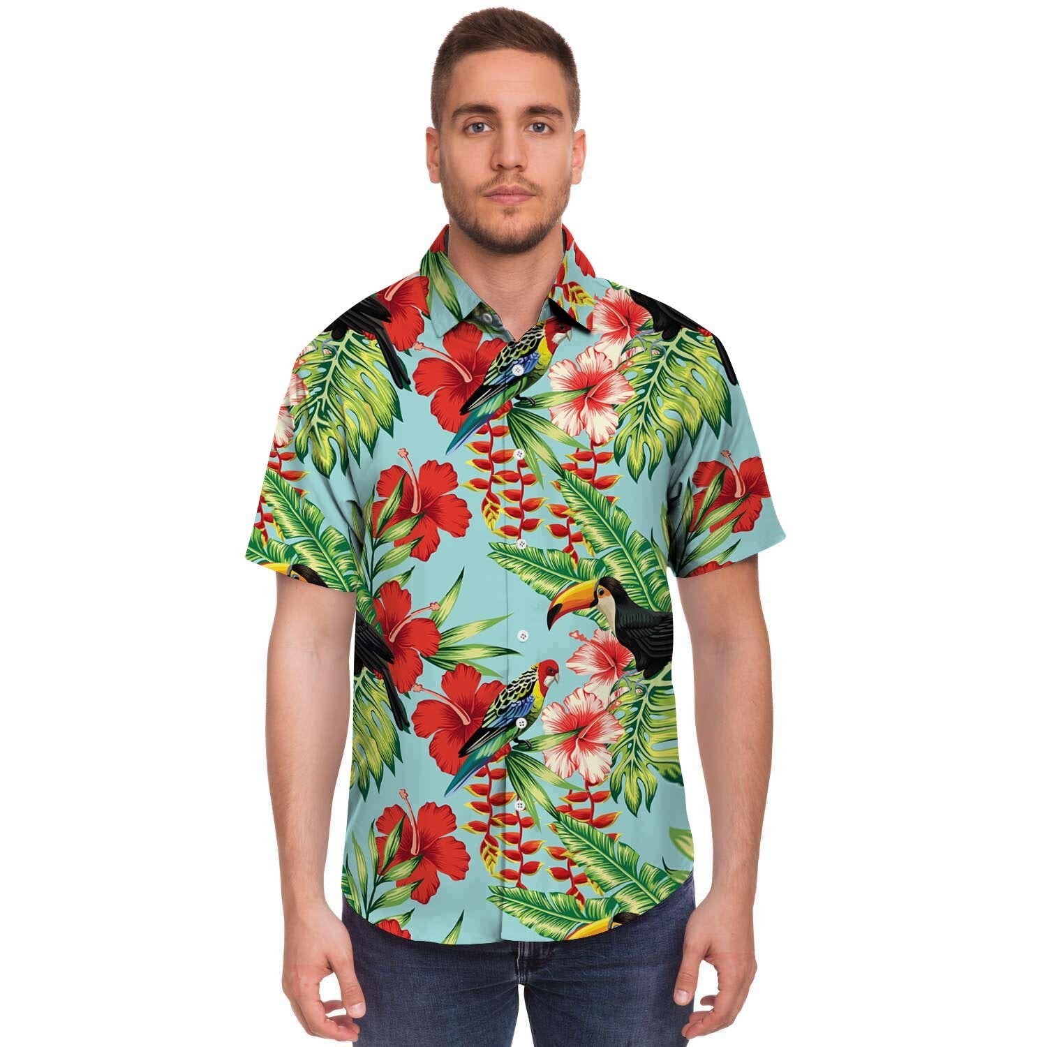 Hawaiian Bird Floral Print Men's Short Sleeve Shirt-grizzshop
