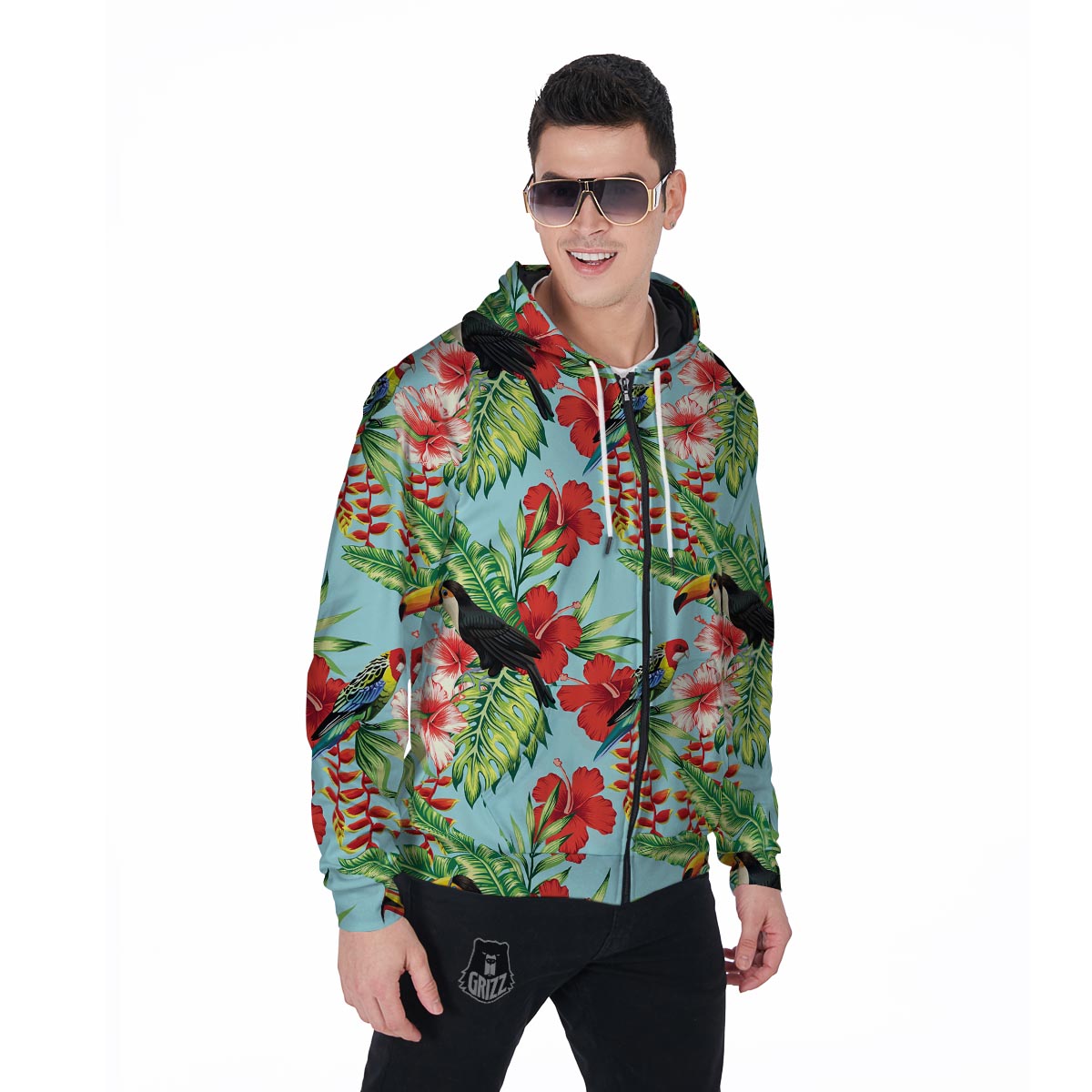Hawaiian Bird Floral Print Men's Zip Up Hoodie-grizzshop