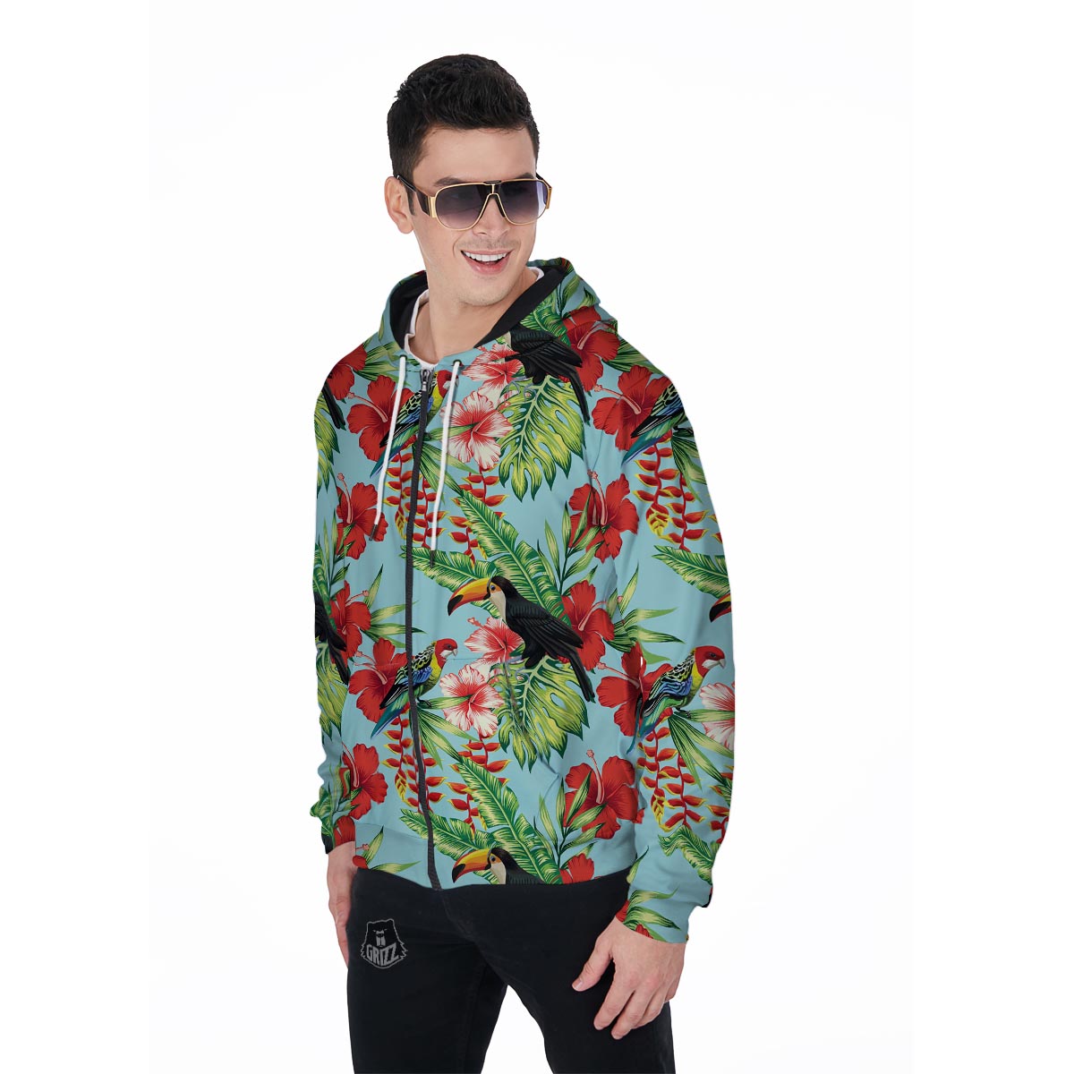 Hawaiian Bird Floral Print Men's Zip Up Hoodie-grizzshop