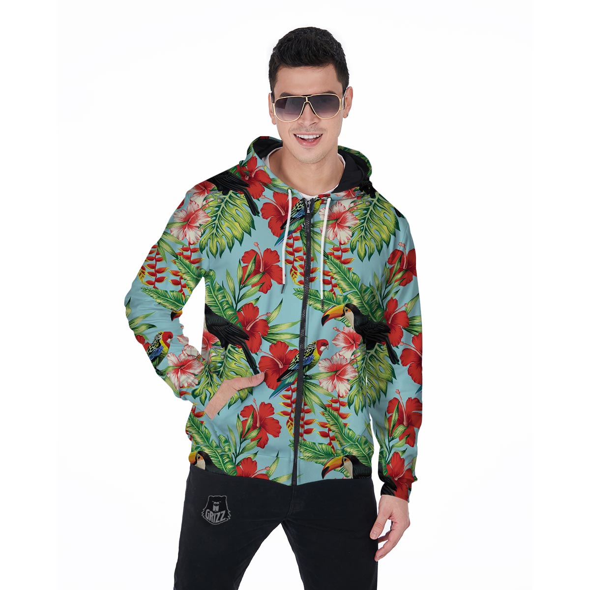 Hawaiian Bird Floral Print Men's Zip Up Hoodie-grizzshop