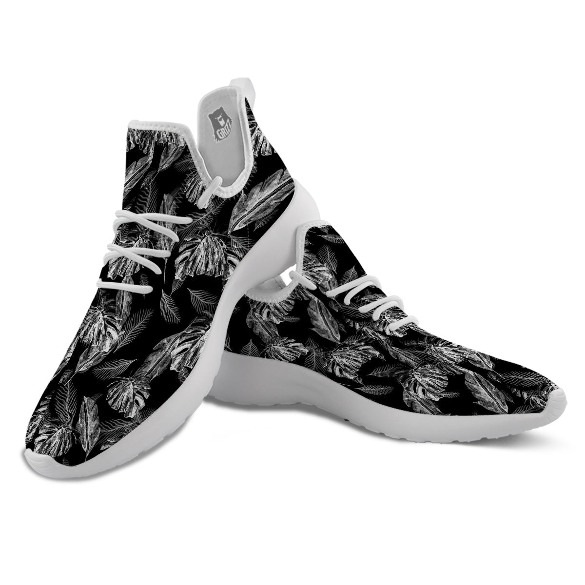 Hawaiian Black And White Print Pattern White Athletic Shoes-grizzshop