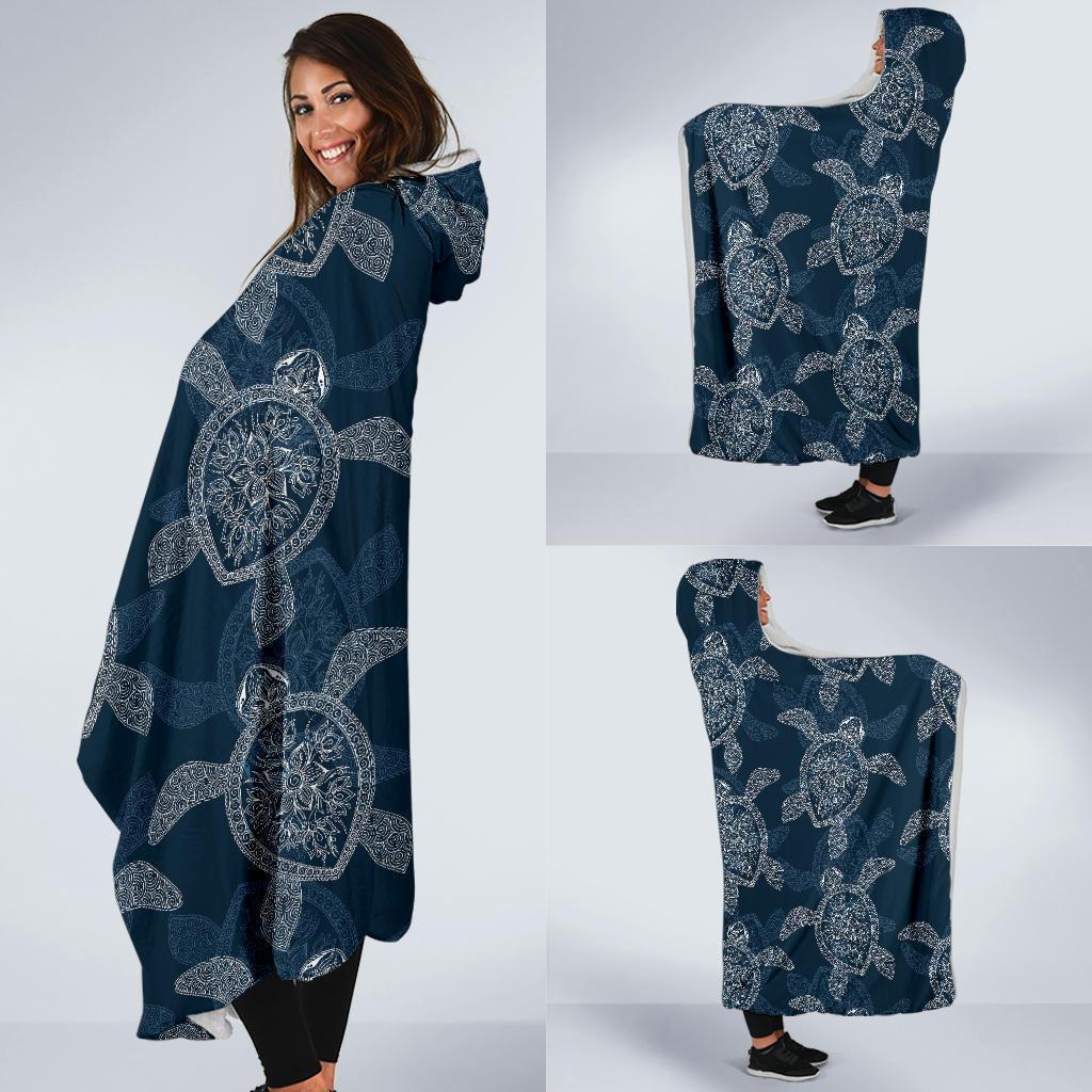 Hawaiian Blue Sea Turtle Pattern Print Hooded Blanket-grizzshop