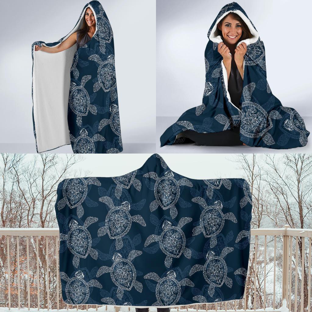 Hawaiian Blue Sea Turtle Pattern Print Hooded Blanket-grizzshop