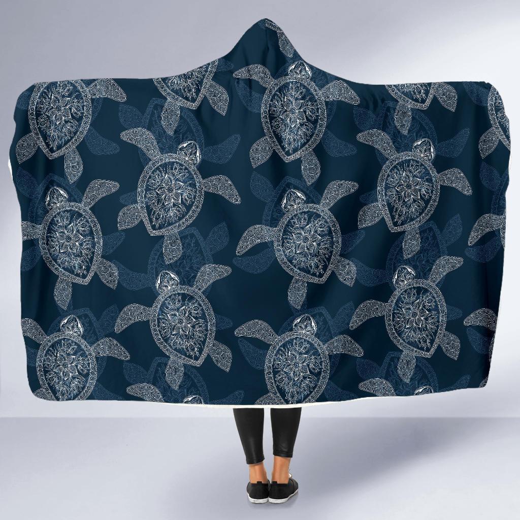 Hawaiian Blue Sea Turtle Pattern Print Hooded Blanket-grizzshop