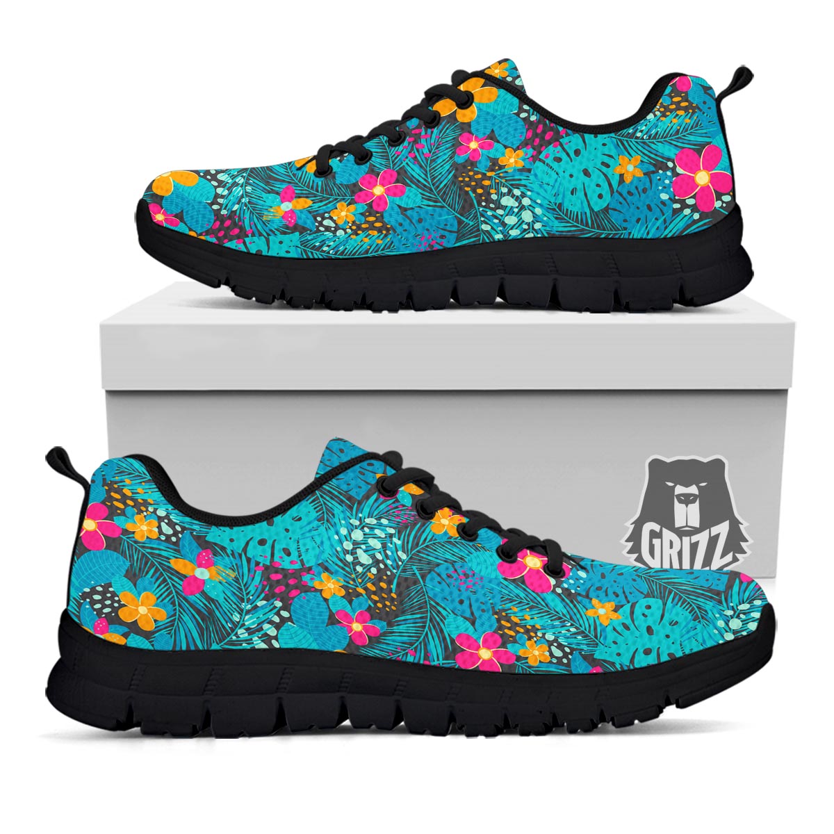 Hawaiian Exotic Tropical Print Pattern Black Sneaker-grizzshop