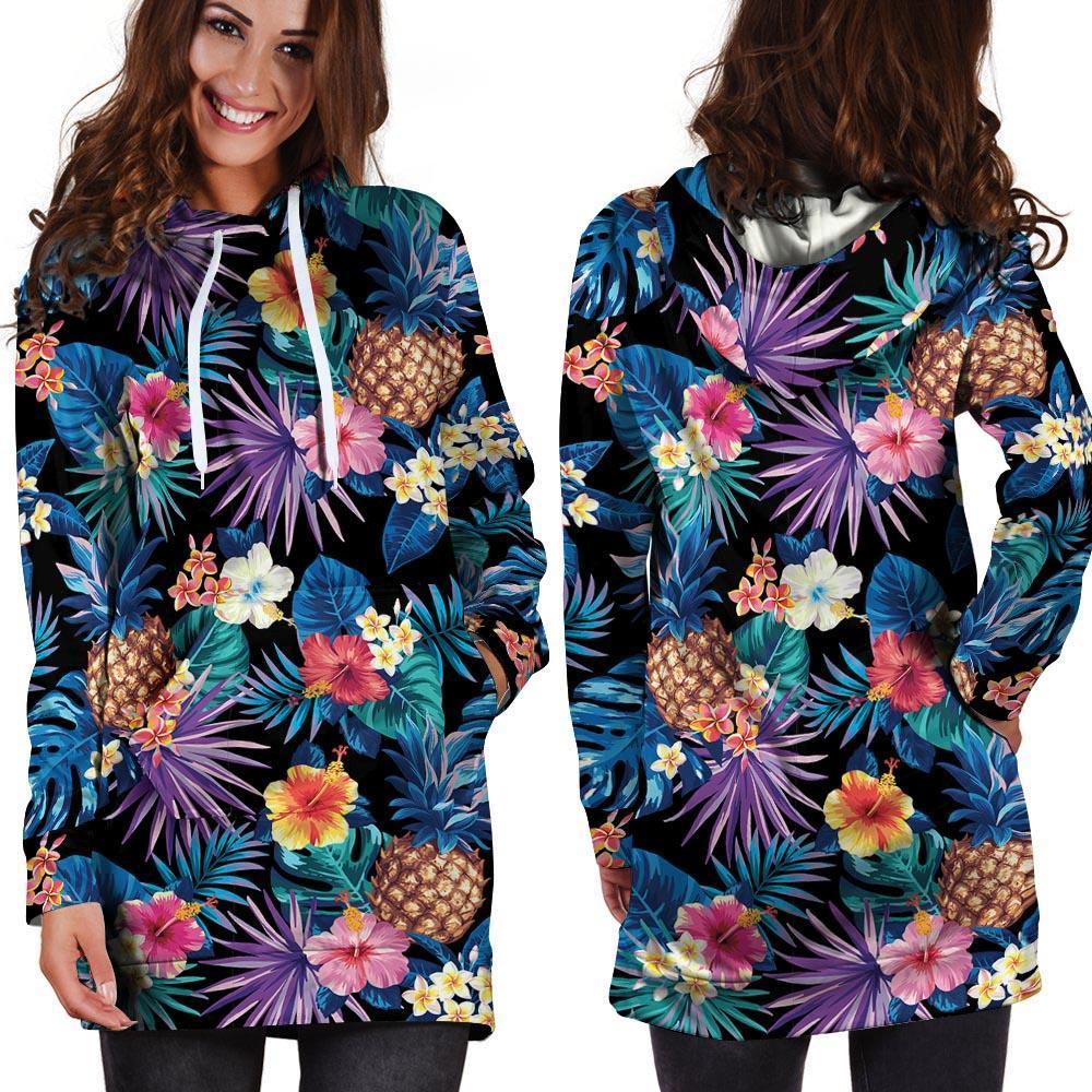 Hawaiian Floral Pineapple Print Hoodie Dress-grizzshop