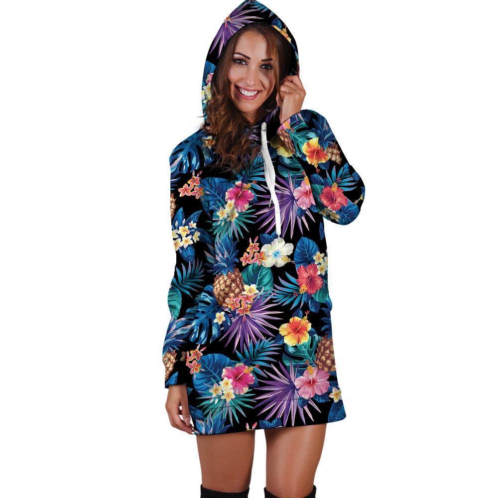 Hawaiian Floral Pineapple Print Hoodie Dress-grizzshop