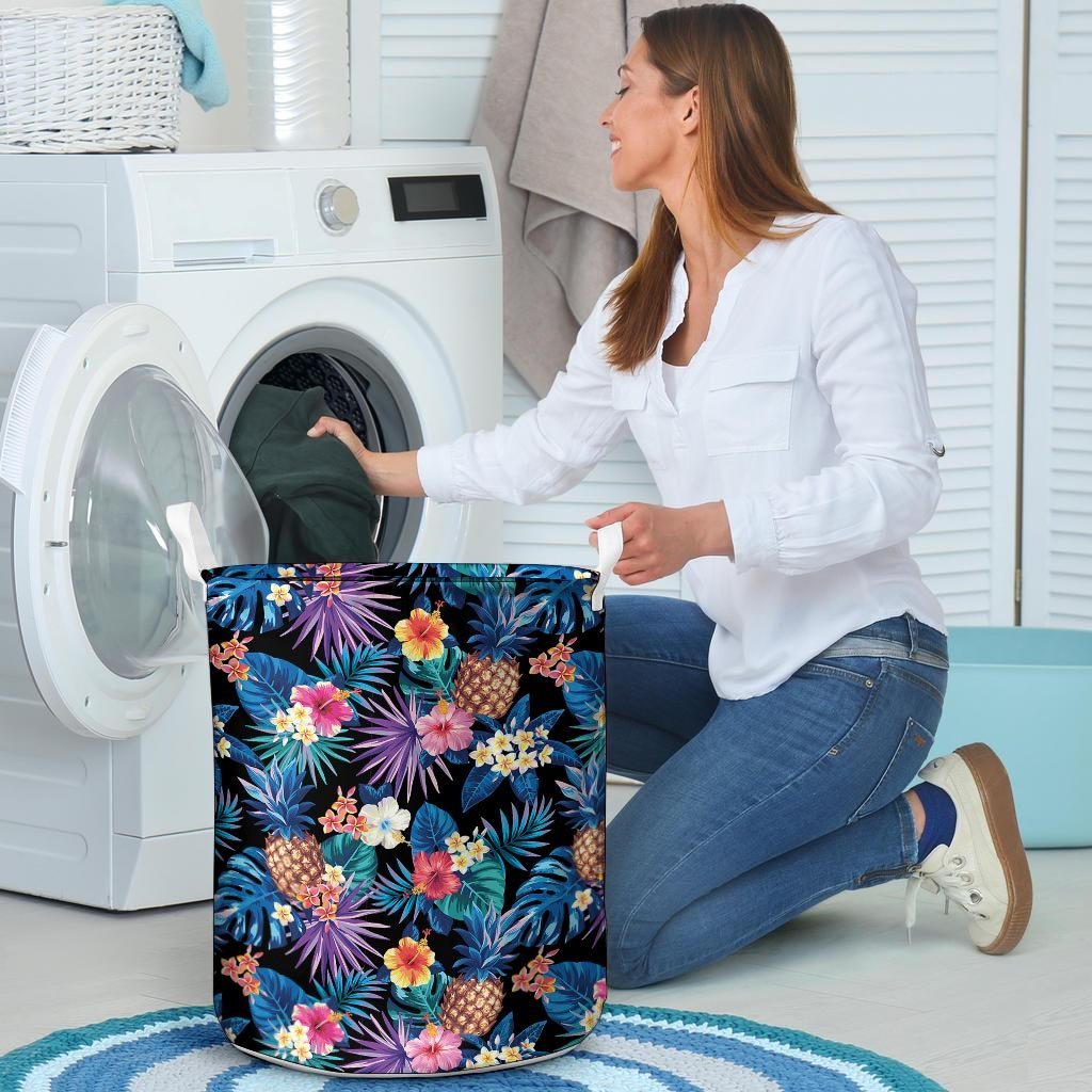 Hawaiian Floral Pineapple Print Laundry Basket-grizzshop