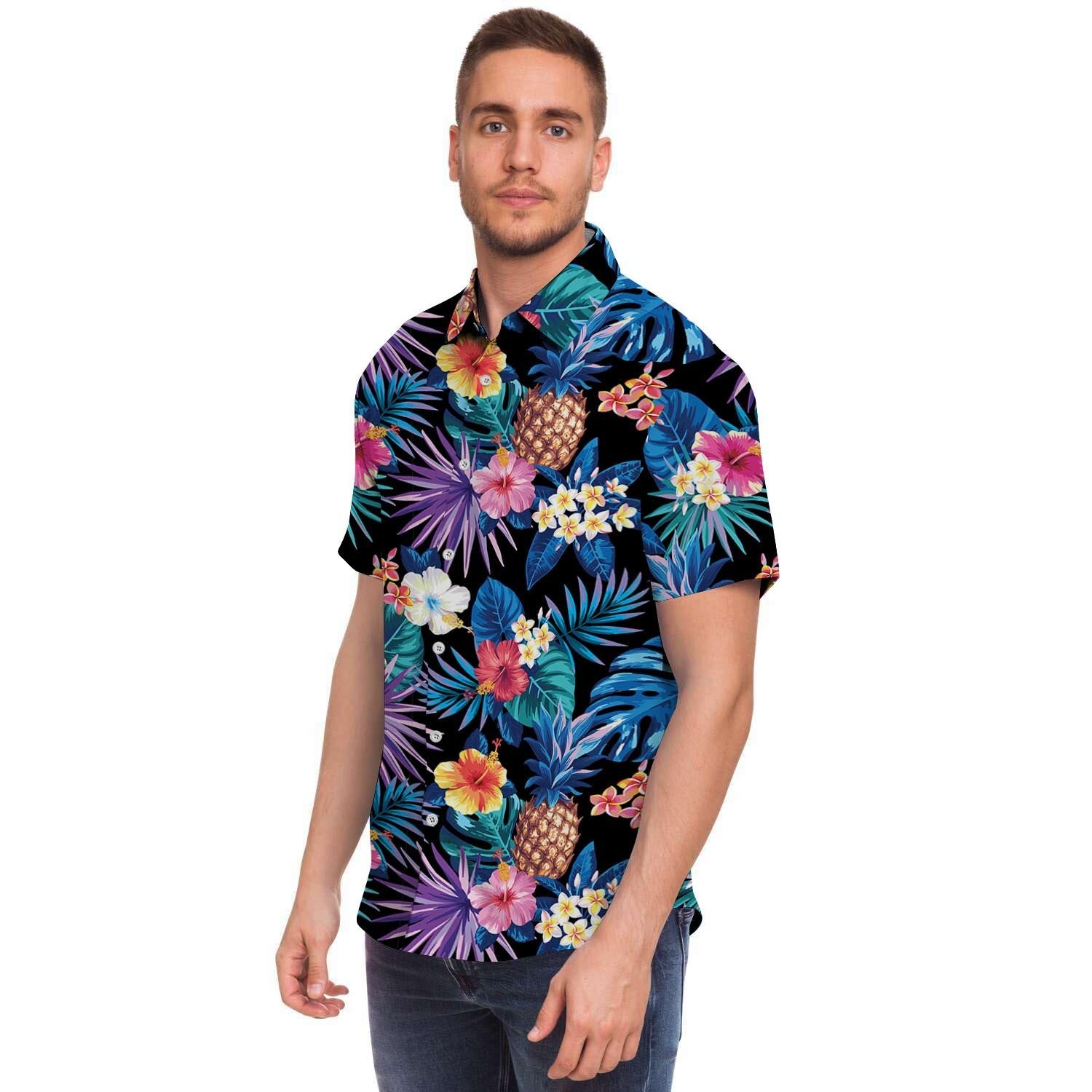 Hawaiian Floral Pineapple Print Men's Short Sleeve Shirt-grizzshop