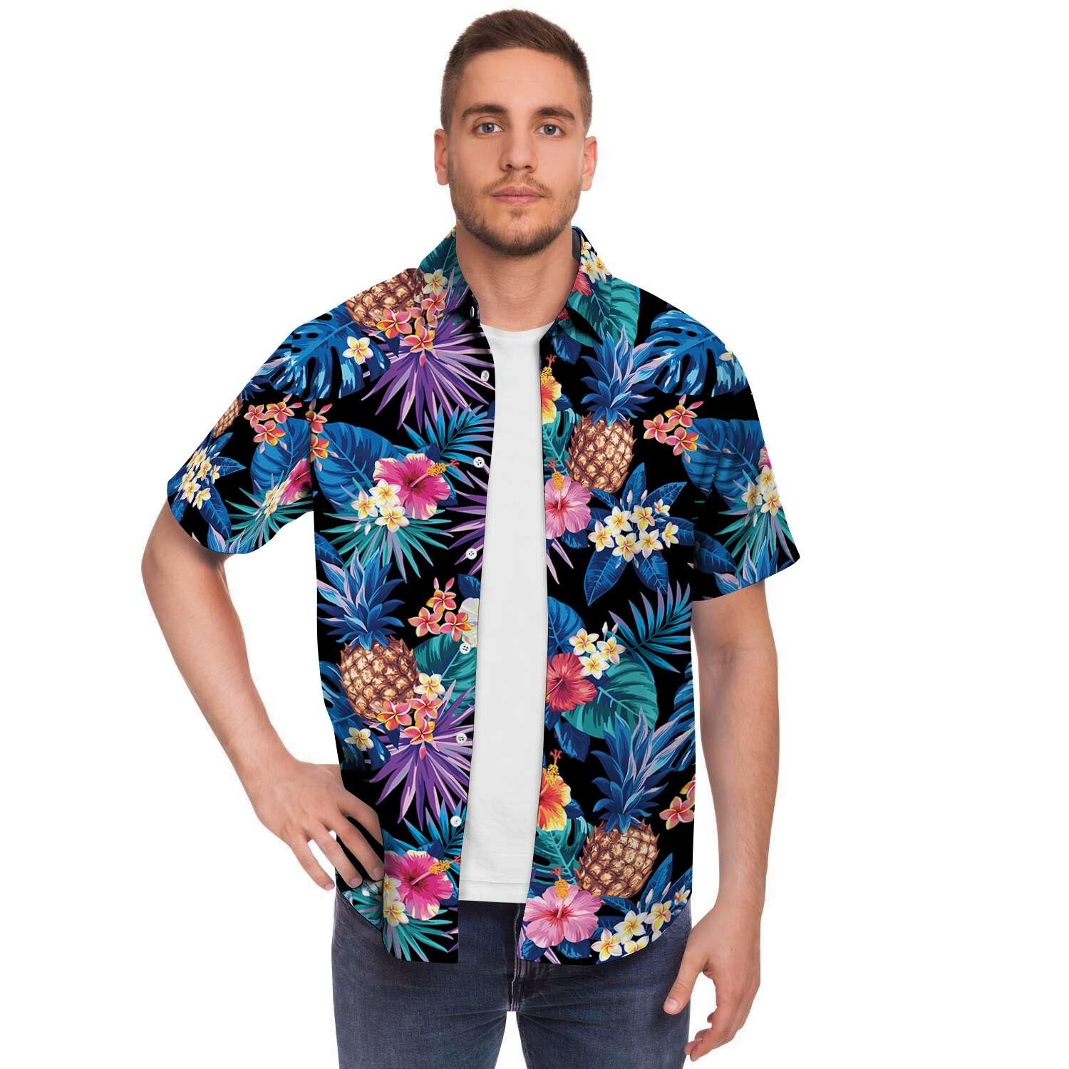 Hawaiian Floral Pineapple Print Men's Short Sleeve Shirt-grizzshop