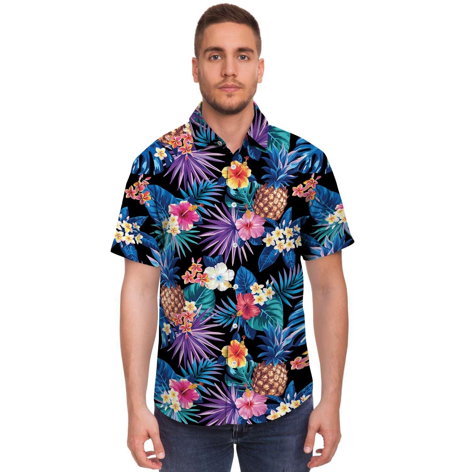 Hawaiian Floral Pineapple Print Men's Short Sleeve Shirt-grizzshop