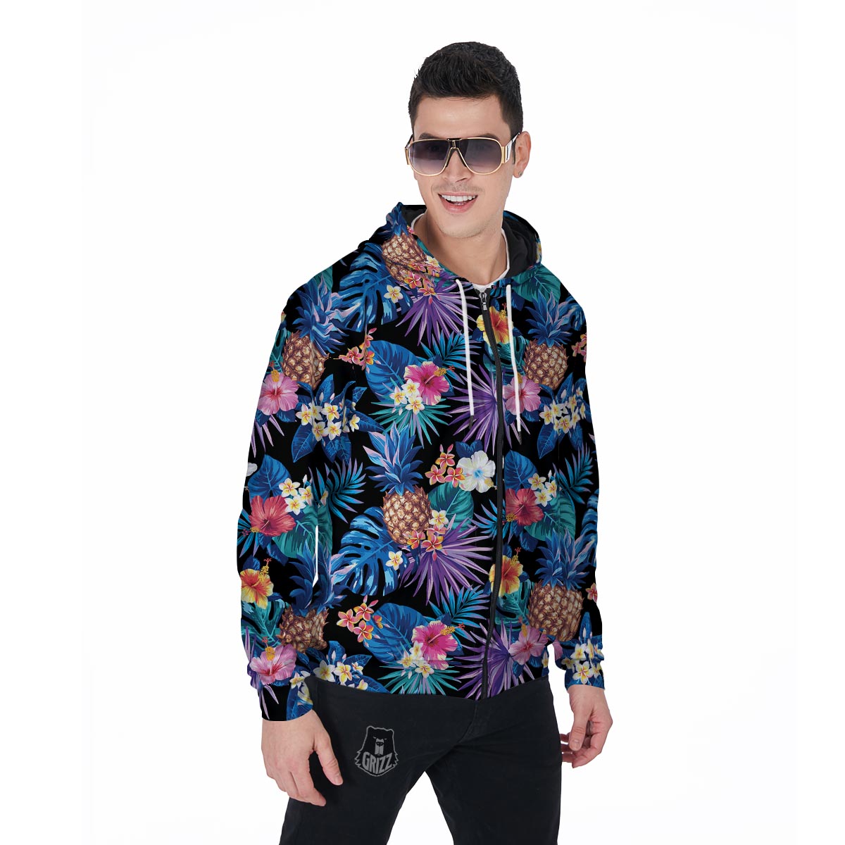 Hawaiian Floral Pineapple Print Men's Zip Up Hoodie-grizzshop