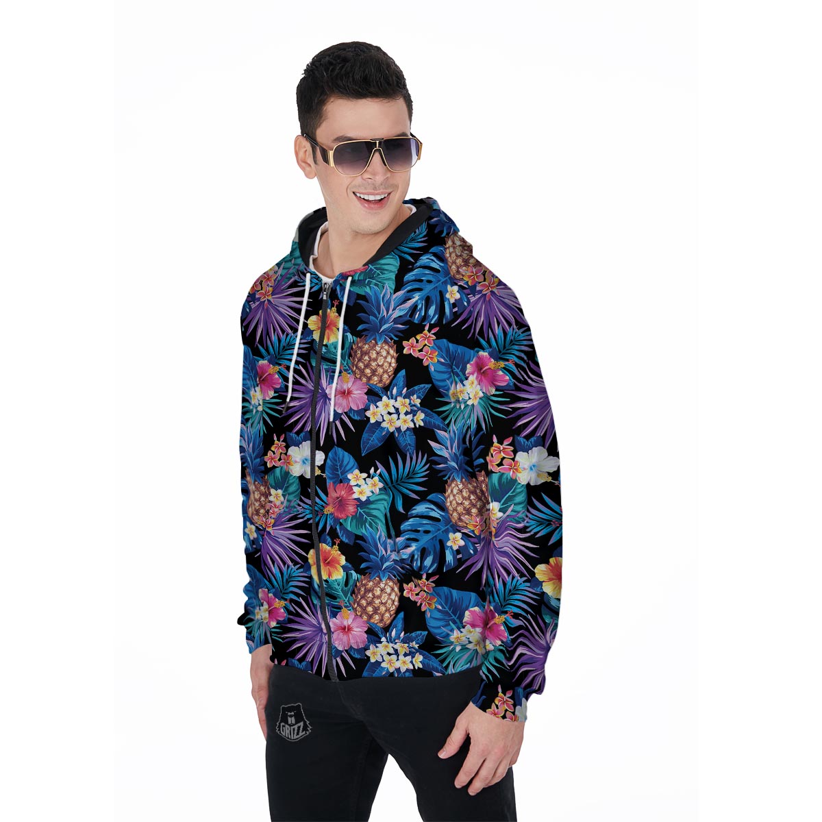 Hawaiian Floral Pineapple Print Men's Zip Up Hoodie-grizzshop