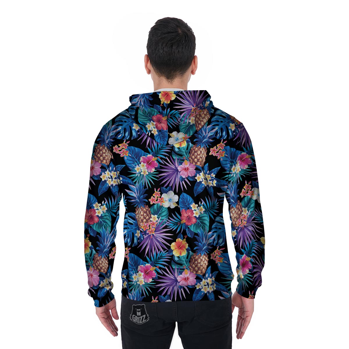 Hawaiian Floral Pineapple Print Men's Zip Up Hoodie-grizzshop
