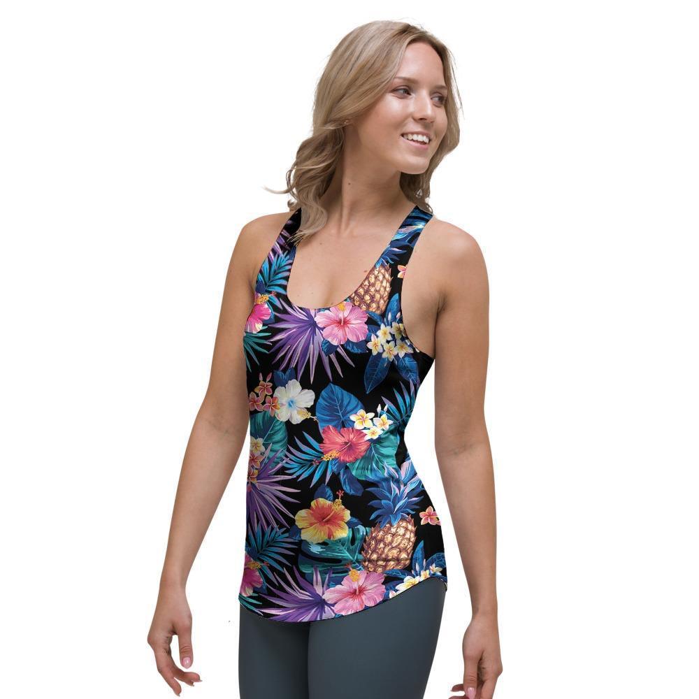 Hawaiian Floral Pineapple Print Women's Racerback Tank Top-grizzshop
