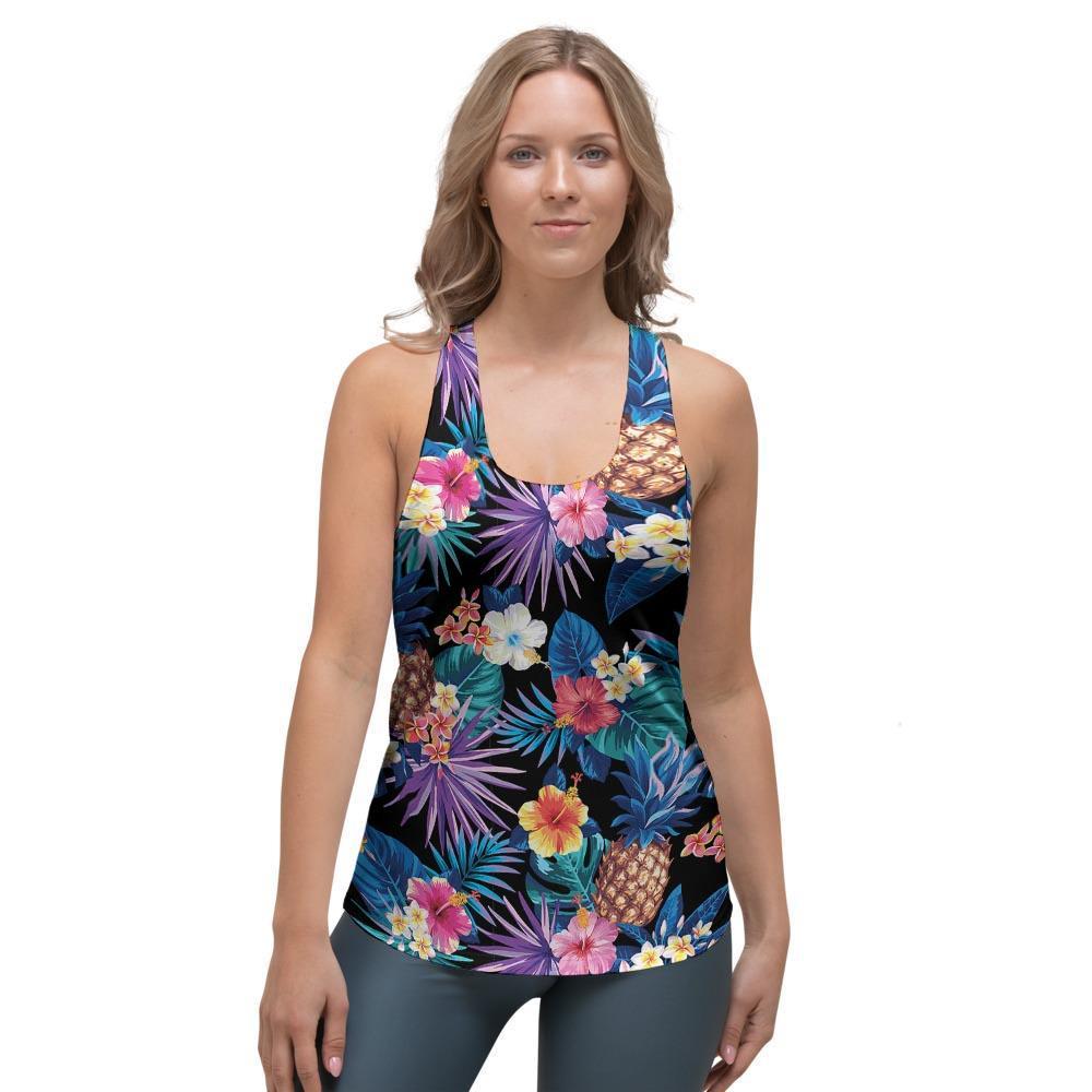 Hawaiian Floral Pineapple Print Women's Racerback Tank Top-grizzshop