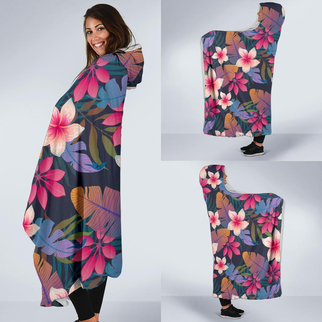 Hawaiian Floral Tropical Flower Hibiscus Palm Leaves Pattern Print Hooded Blanket-grizzshop