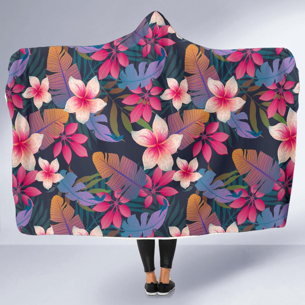 Hawaiian Floral Tropical Flower Hibiscus Palm Leaves Pattern Print Hooded Blanket-grizzshop