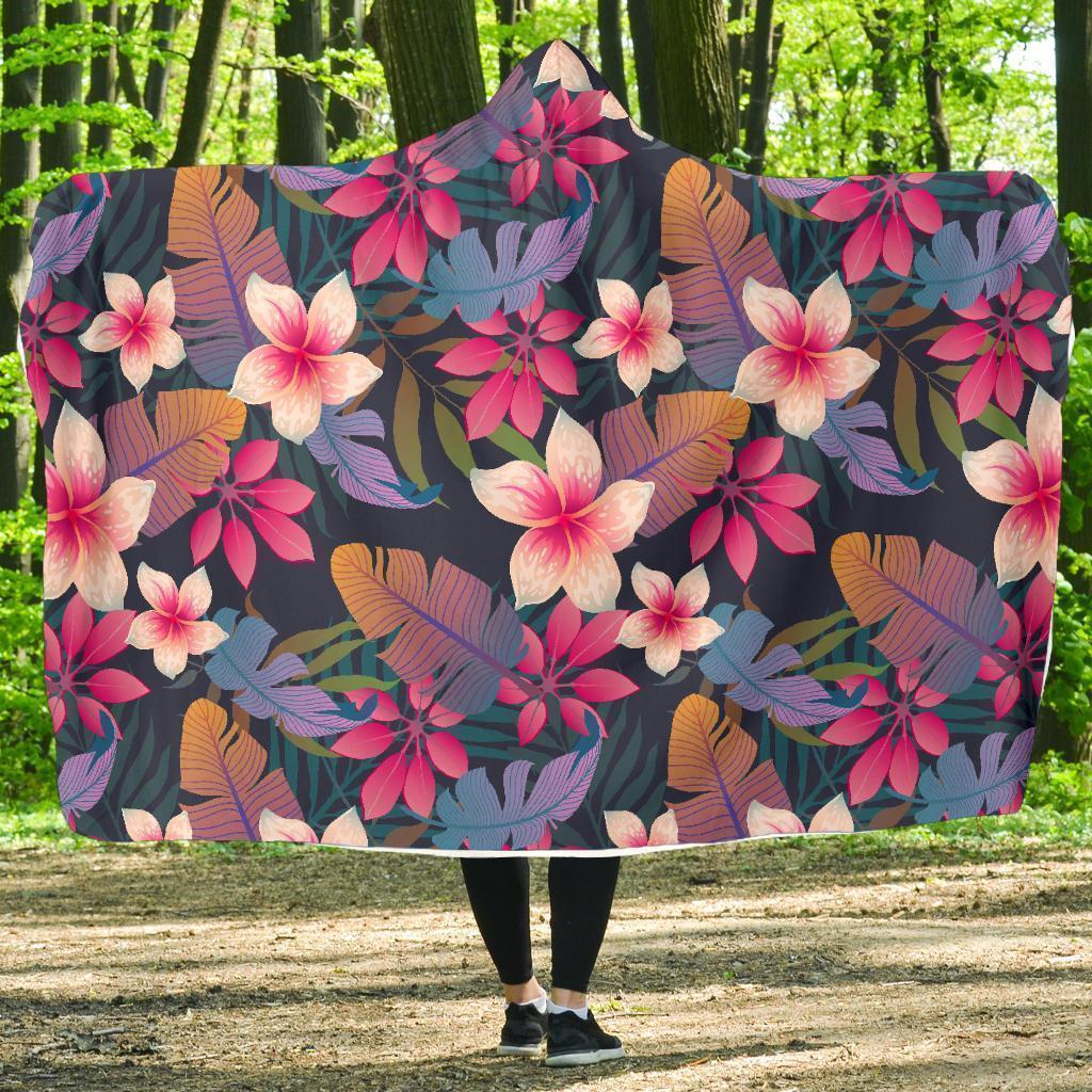 Hawaiian Floral Tropical Flower Hibiscus Palm Leaves Pattern Print Hooded Blanket-grizzshop