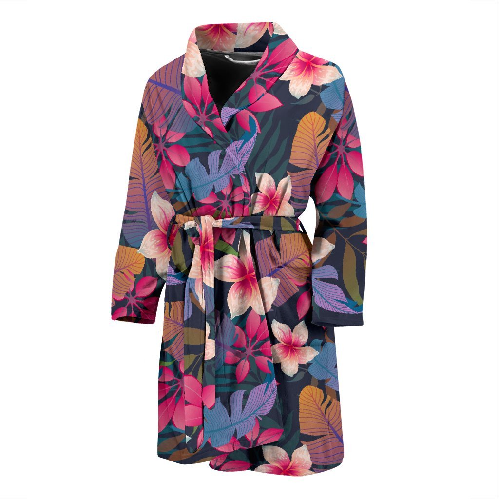 Hawaiian Floral Tropical Flower Hibiscus Palm Leaves Pattern Print Men Long Robe-grizzshop