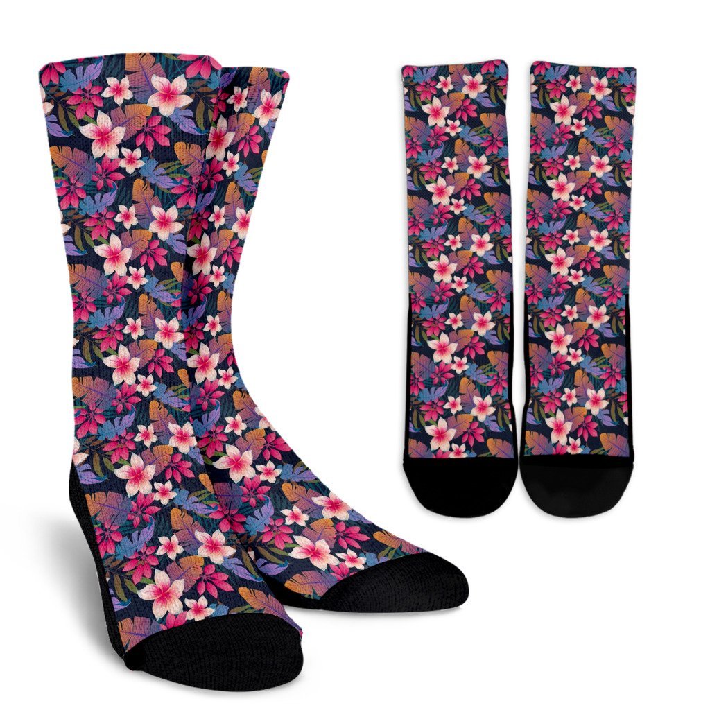 Hawaiian Floral Tropical Flower Hibiscus Palm Leaves Pattern Print Unisex Crew Socks-grizzshop