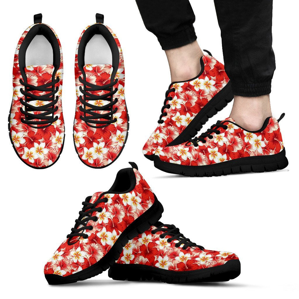 Hawaiian Floral Tropical Flower Red Hibiscus Pattern Print Black Sneaker Shoes For Men Women-grizzshop