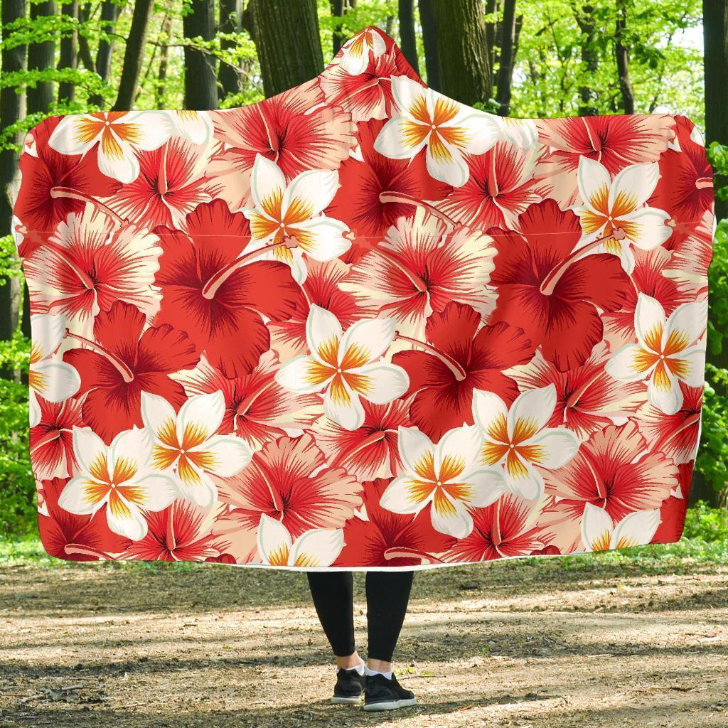 Hawaiian Floral Tropical Flower Red Hibiscus Pattern Print Hooded Blanket-grizzshop